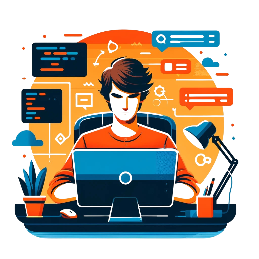 Illustration of a developer working on a computer, with code and graphics floating around